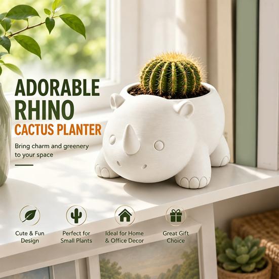 Decorative Animal Shape Planter Cute Rhinoceros Planter, 3D Printed Rhino Flower Pot, Indoor Micro Landscape Pot Plant for Succulents Cactus