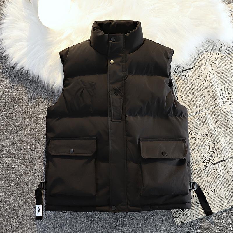 

2025 new trendy brand stand-up collar down cotton clothes tooling vest men s autumn and winter loose simple thickened vest jacket M чорний