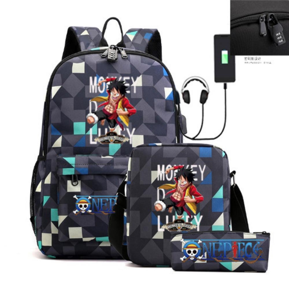 Riman Zaino con lucchetto USB ONE PIECE borsa a tracolla borsa da scuola per studenti astuccio set da tre pezzi uomo e donna