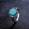 Vintage Botanical Turquoise Ring, 9x11MM Natural Stone and Zirconia Set In Engraved Floral  CopperBand for Women