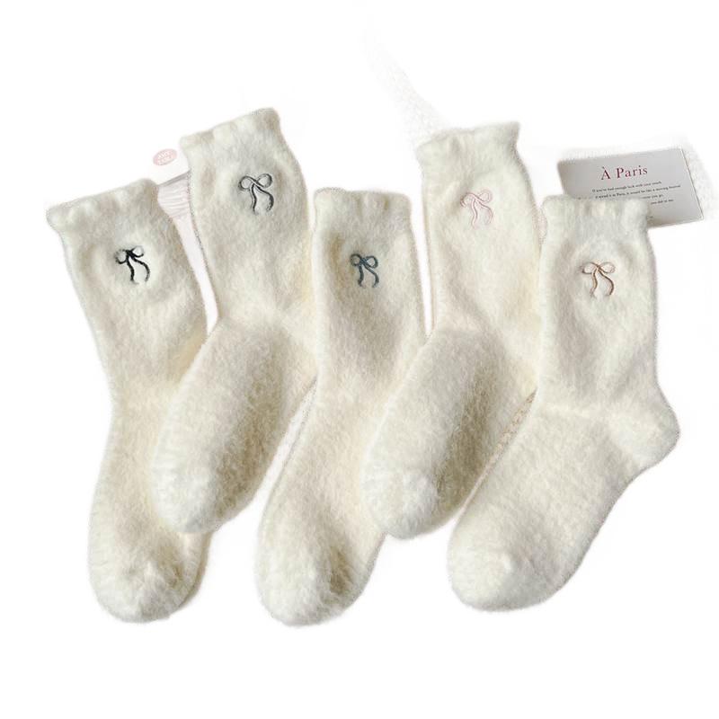 2025 Women's Autumn/Winter Imitation Mink Velvet Bow Embroidery Mid-Calf Socks - Warm, Comfortable Sleep and Home Socks