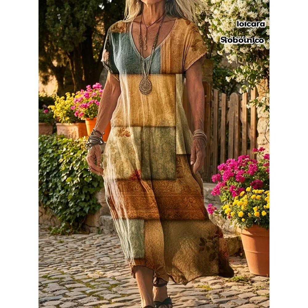 Full-print retro patchwork geometric pattern design V-neck short-sleeve dress 2XL
