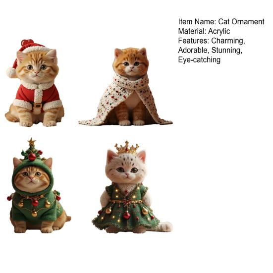 4 Pcs Cute Cat Christmas Ornament 2D Flat Acrylic Car Rearview Mirror Charm Cartoon