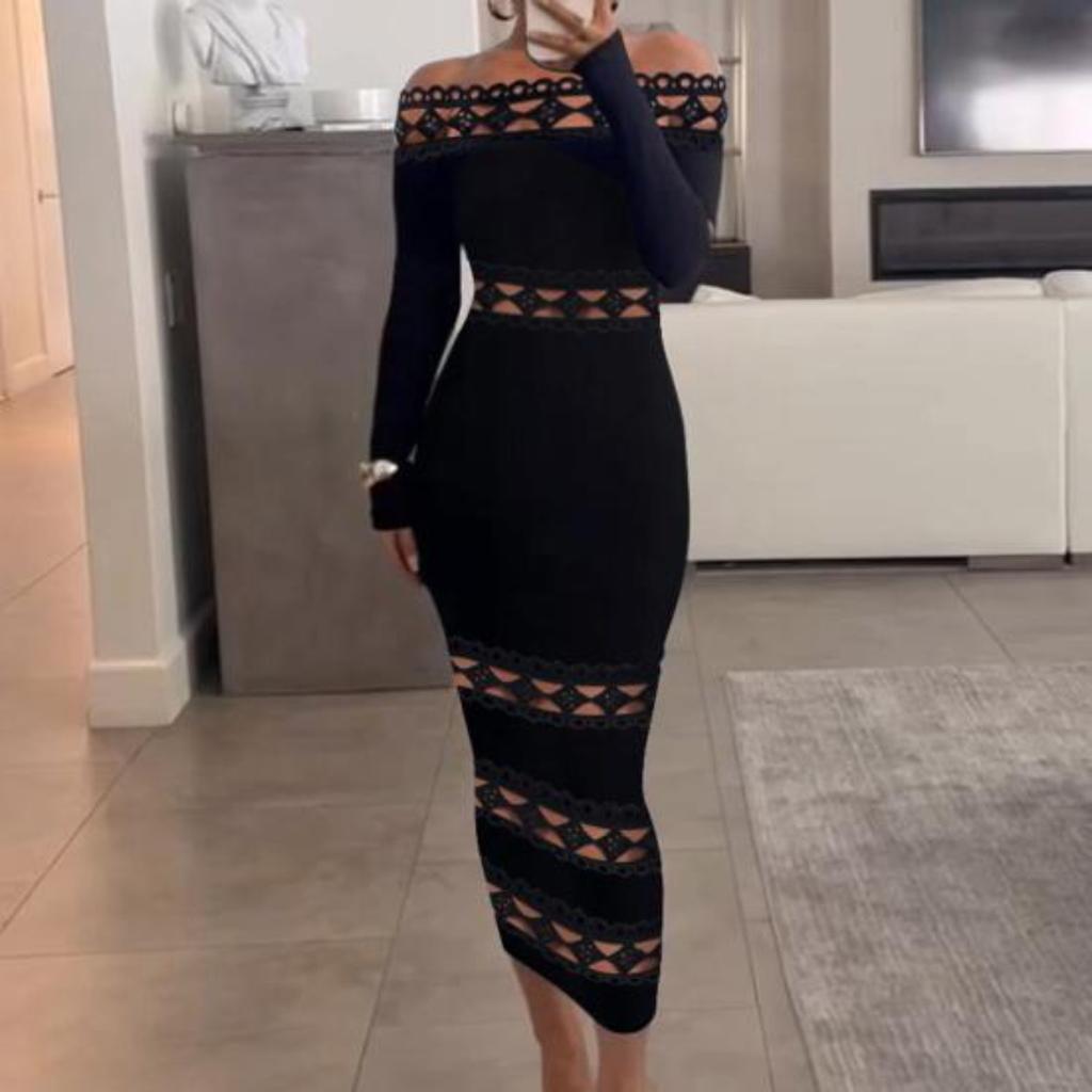 Women Prom Party Dress Bandeau Off Shoulder Hollow Out Sheath Slim Fit Long Sleeve Pure Color Elastic Rhombus Patchwork Mid-calf Length Midi