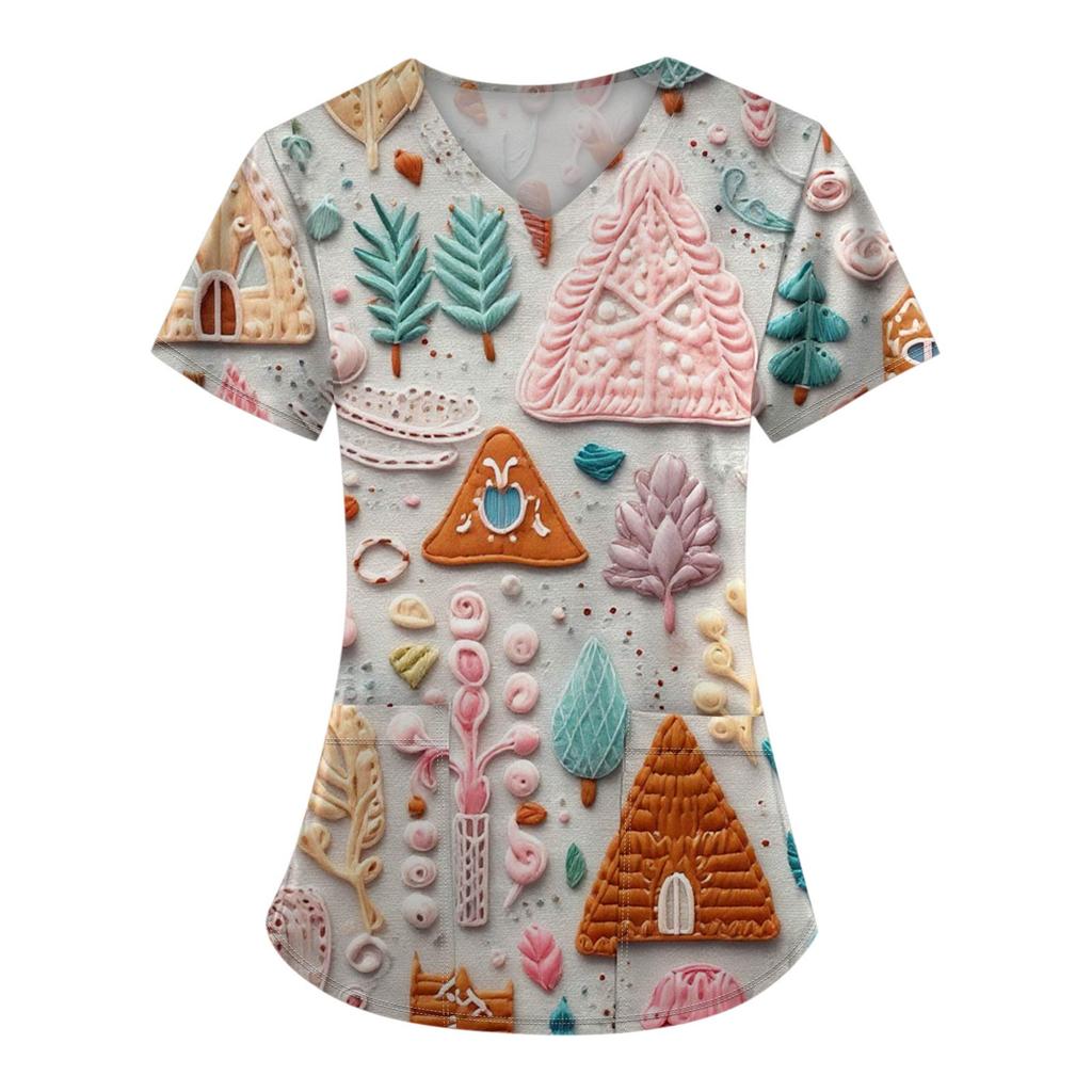 Women's Fashion Printed Short Sleeve V Neck Pattern Tops Pocket Working T-shirts