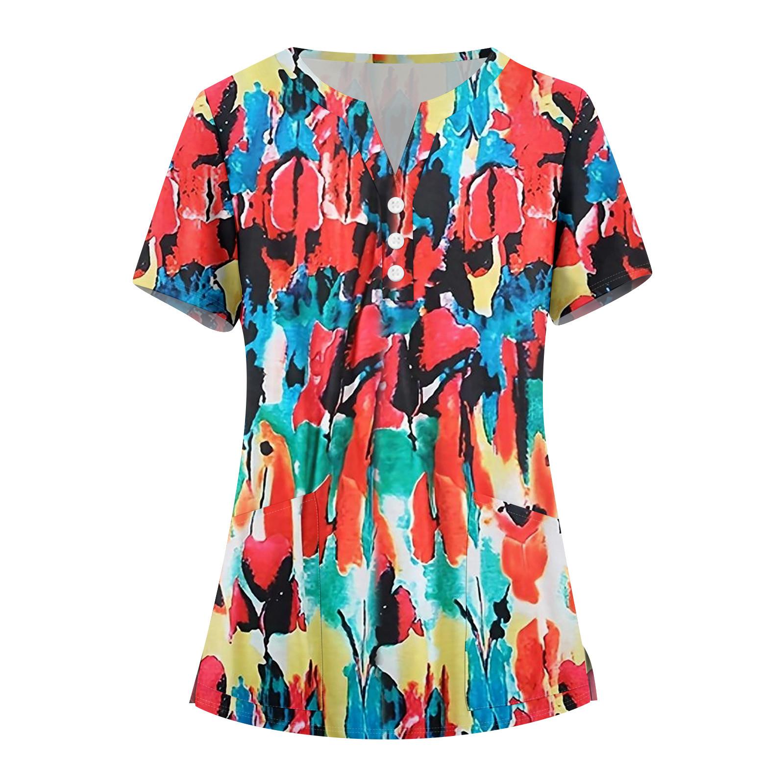 

Жіночий модний робочий одяг з V-подібним вирізом і короткими рукавами з принтованими кишенями Літні жіночі топи XL кавун червоний колір