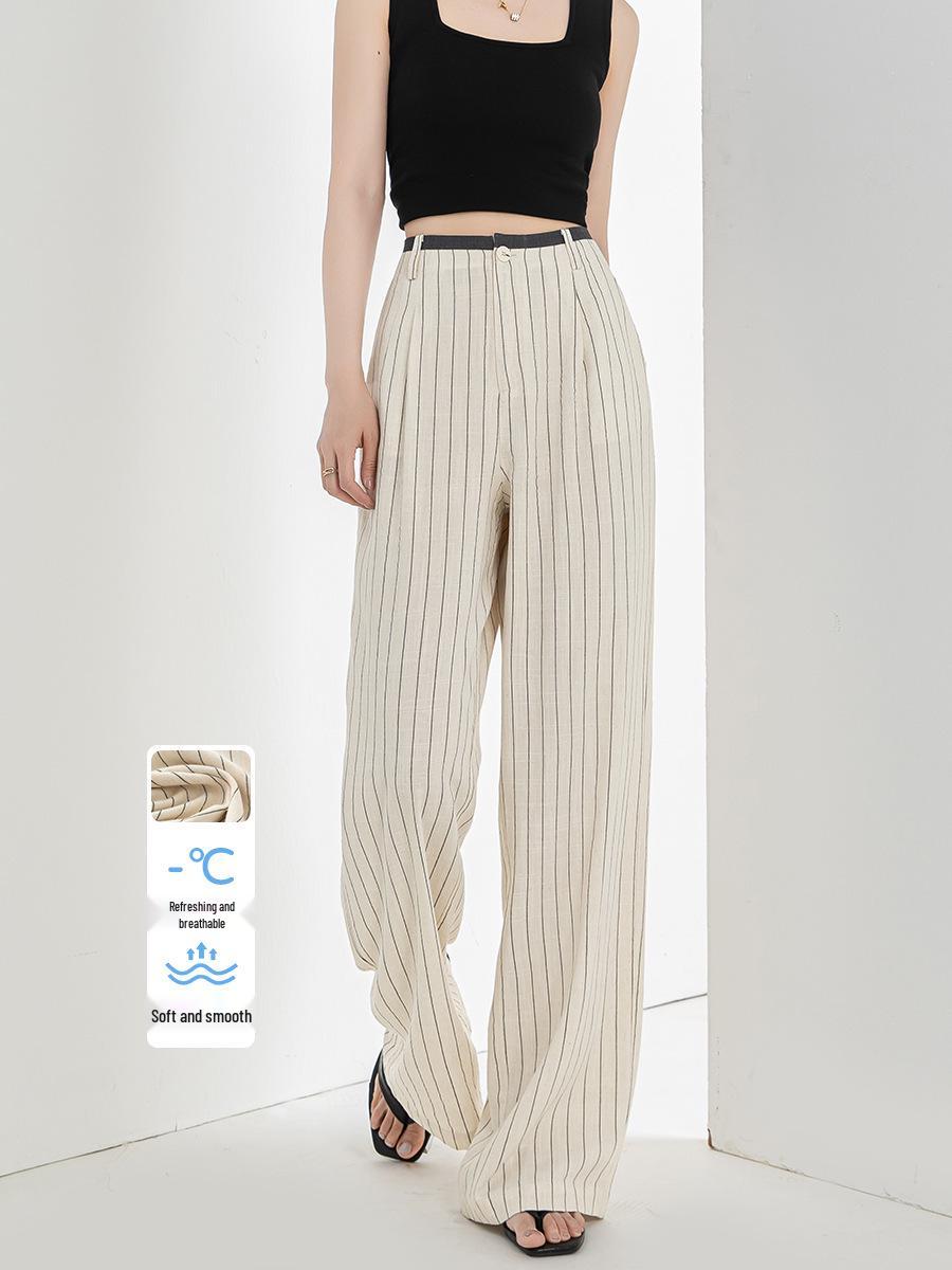 

Guang Mei High-Waisted Vertical Stripe Linen Wide-Leg Pants for Women – Slimming & Casual Spring/Summer Style size 31