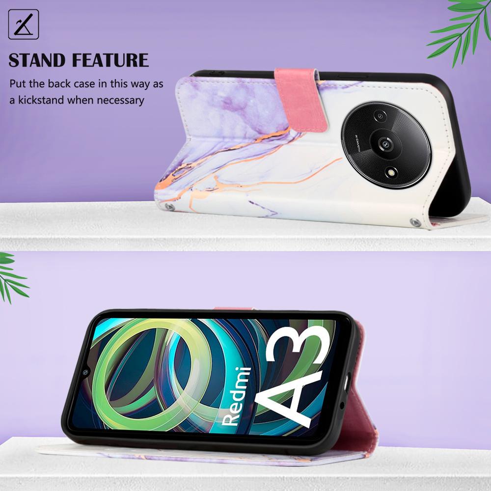 For Xiaomi Redmi A3/Poco C61 4G Leather Case with Shoulder Strap Marble Pattern Phone Stand Cover