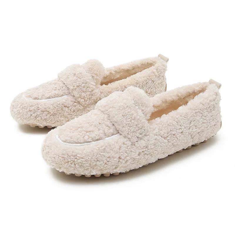 Fashion Lambwool Moccasins Femme Curly Sheep Fur Flats Woman Warm Plush Loafers Winter Cotton Shoes Women Furry Snow Boot