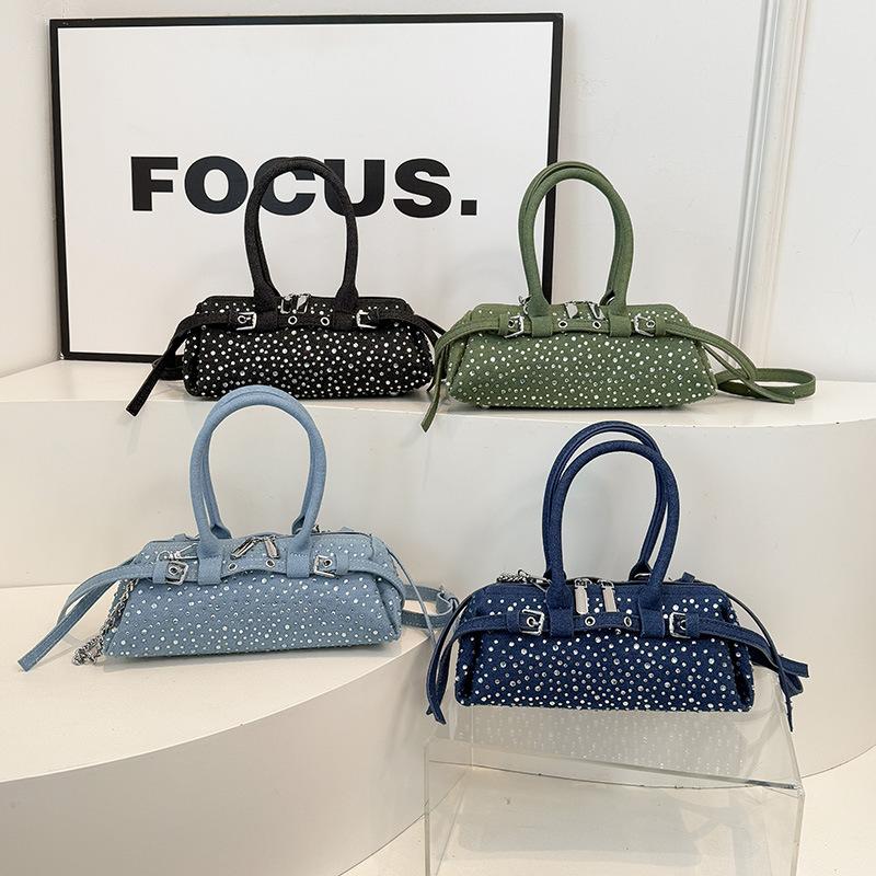 Ins Internet Celebrity Same Denim Bag 2025 New Korean Version Fashion Rivet Personalized Portable Messenger Pillow Bag