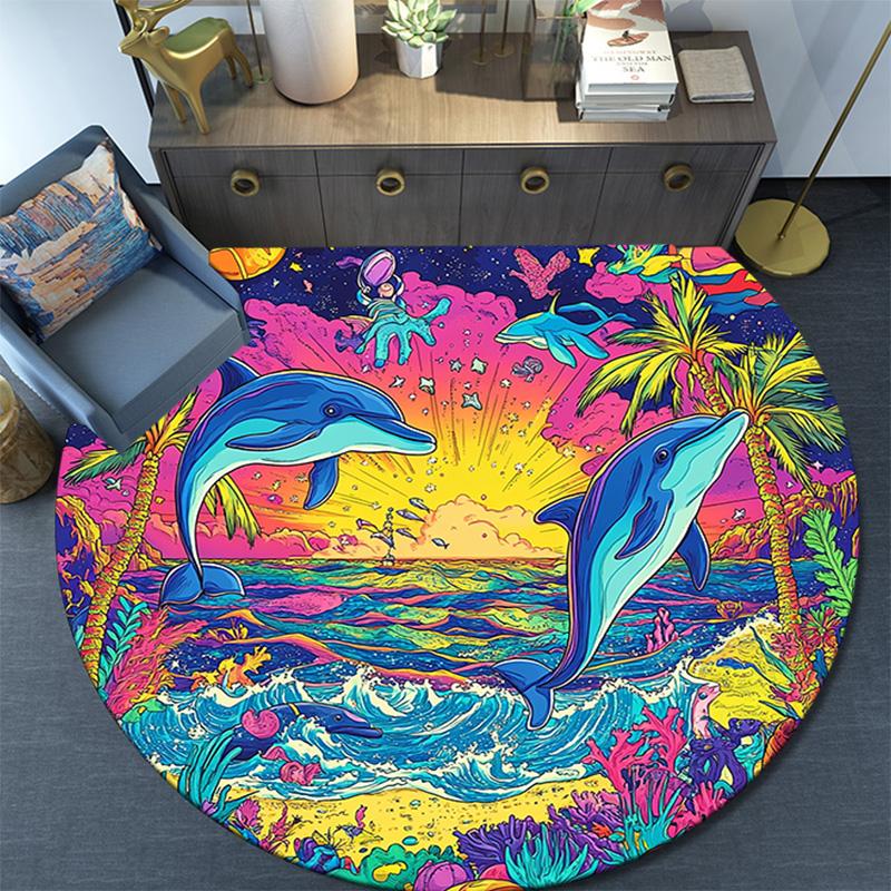 Dolphins Sunset Round Area Rug,Carpet Rug for Living Room Bedroom Sofa Playroom Decor,Non-slip Floor Mat
