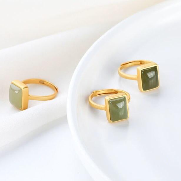 S925 Sterling Silber Temperamentvoller personalisierter natürlicher Hetian Jade Grüner Jade Ring Geometrisches einfaches Ornament für Frauen