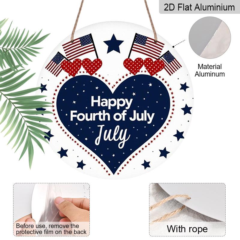 2D Flat 1pc, 8x8 In, July 4th Happy Round Aluminum Metal Sign - Patriotic American Flag & Heart Design, Wall Decor for Home, Office, Kitchen, Bedroom