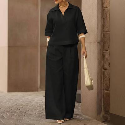 Women's Loose Two Piece Matching Suit Three Quarter Sleeve Polo Collar Blouse High Waist Wide Leg Pant Set