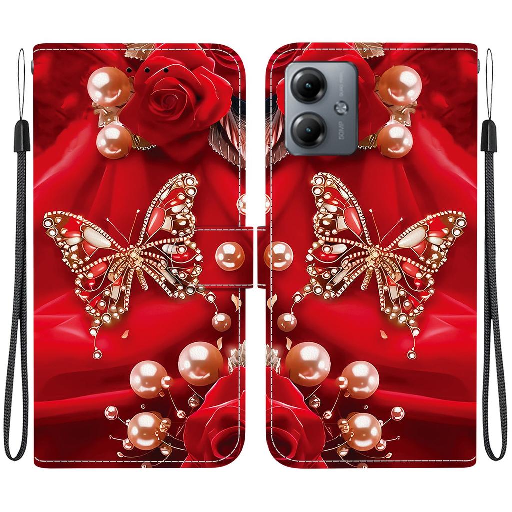 Handmade PU Leather Flip Case for Motorola Moto G14 Anti-Slip Shockproof Cover with Wrist Strap & Heart/Rose Cat Designs