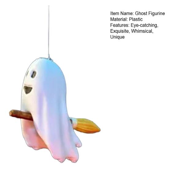 Halloween Ghost Figurine Cute Small Ghost Riding Broom Statue Mini Plastic Ghost Halloween Tabletop Decor for Tiered Tray Bookshelf Desk Decor
