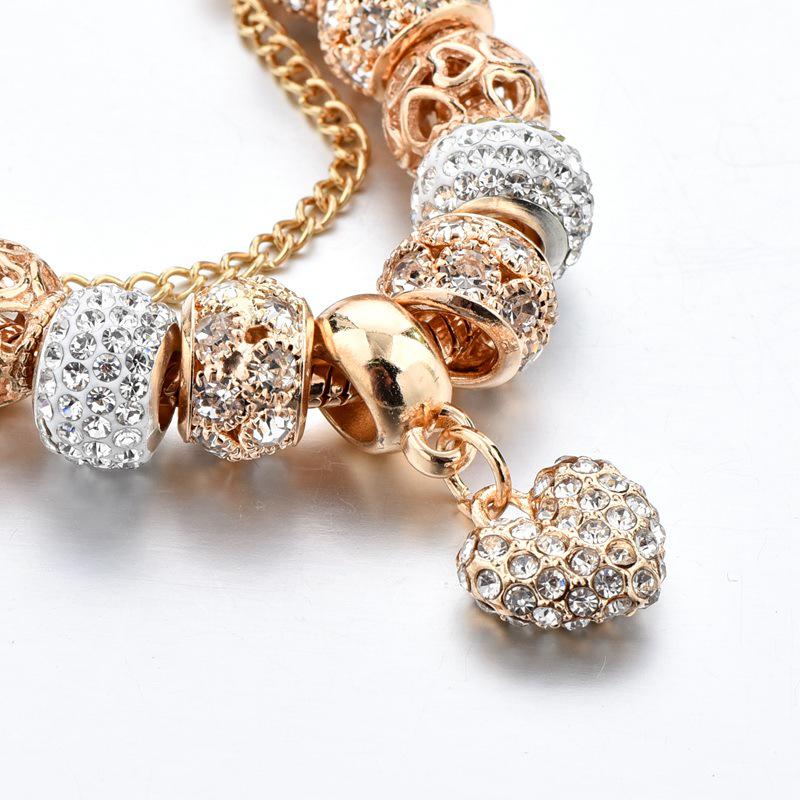 New Panjia Style Gold-Plated Beaded Bracelet with Full Diamond Love Design