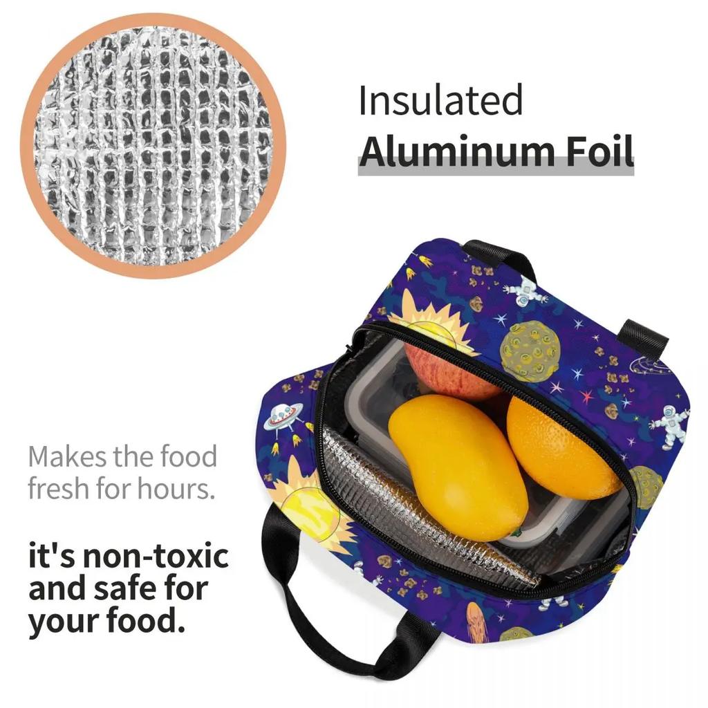 Cartoon Space Planet Rocket Thermal Insulated Lunch Bag Women Astronaut Spaceship Portable Lunch Box for Kids School Food Bags