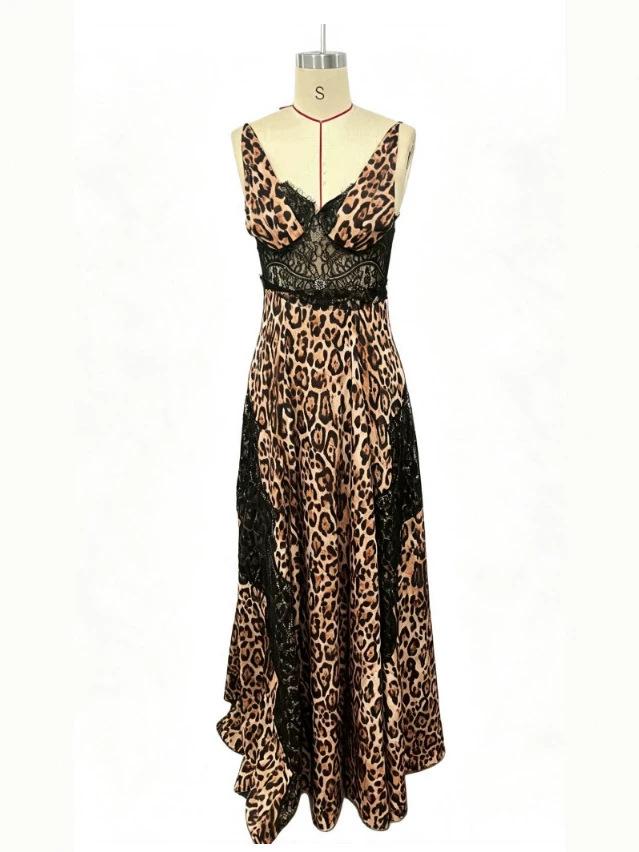 Leopard print lace splicing suspender dress