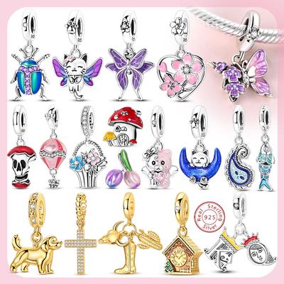 Original Charms Bead Copper Butterfly Tulip Cherry Blossom Mushroom Cat Charm Fit Bracelet Bangle Women Diy Jewelry
