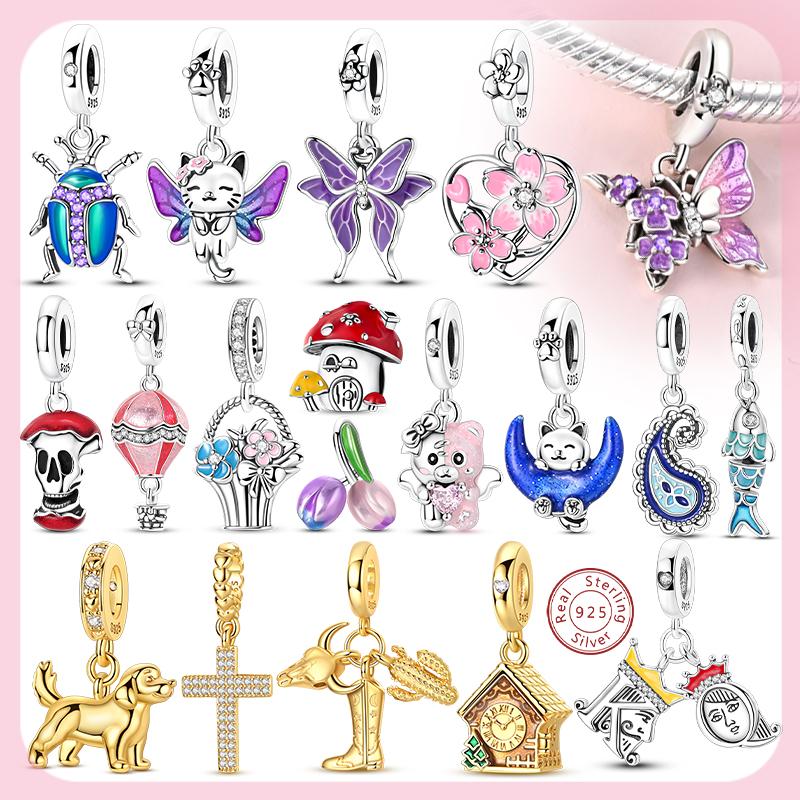 Original Charms Bead Copper Butterfly Tulip Cherry Blossom Mushroom Cat Charm Fit Bracelet Bangle Women Diy Jewelry