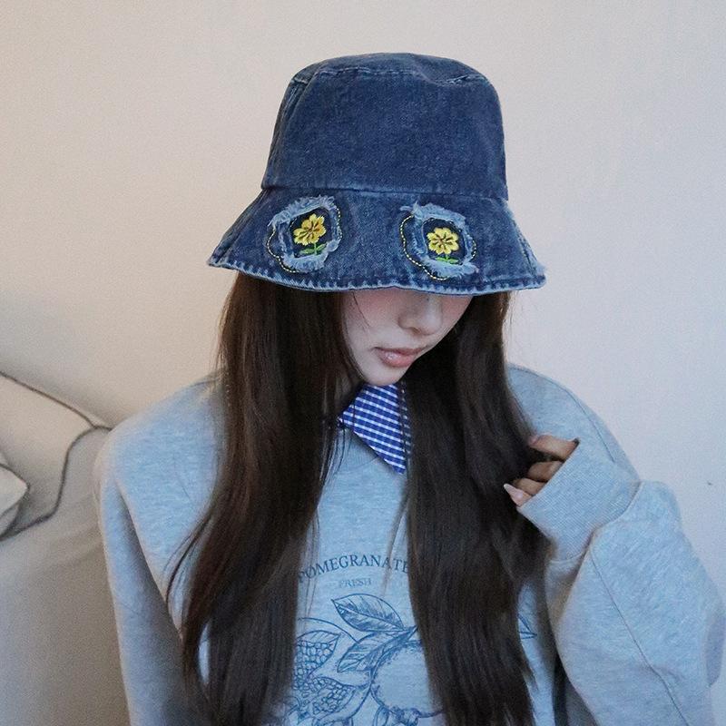 25 Early Autumn New Flower Denim Bucket Hat Female Sweet Cute Pot Hat Tide