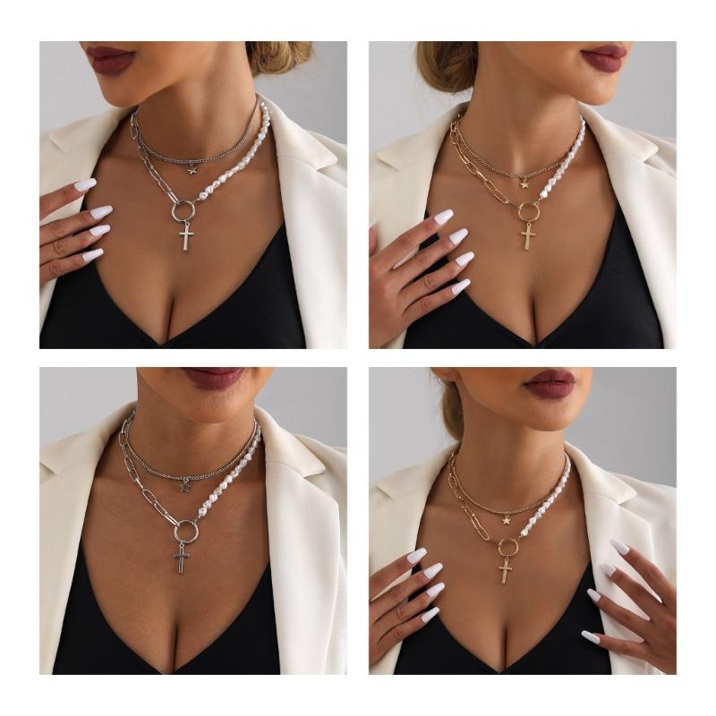 Vintage Pearl Choker Necklace for Women Gothic Layered Splicing Clavicle Chain