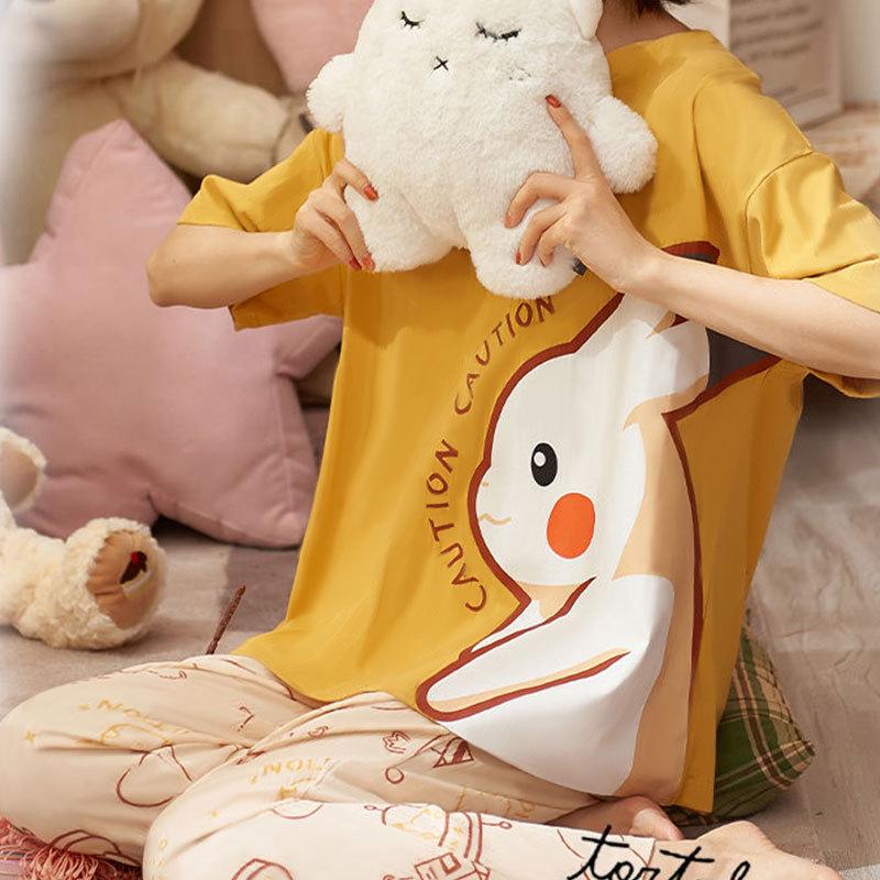 Women's Summer Pajama Set - Round Neck, Short Sleeve, Seven-Point Pants, Comfortable Casual Two-Piece