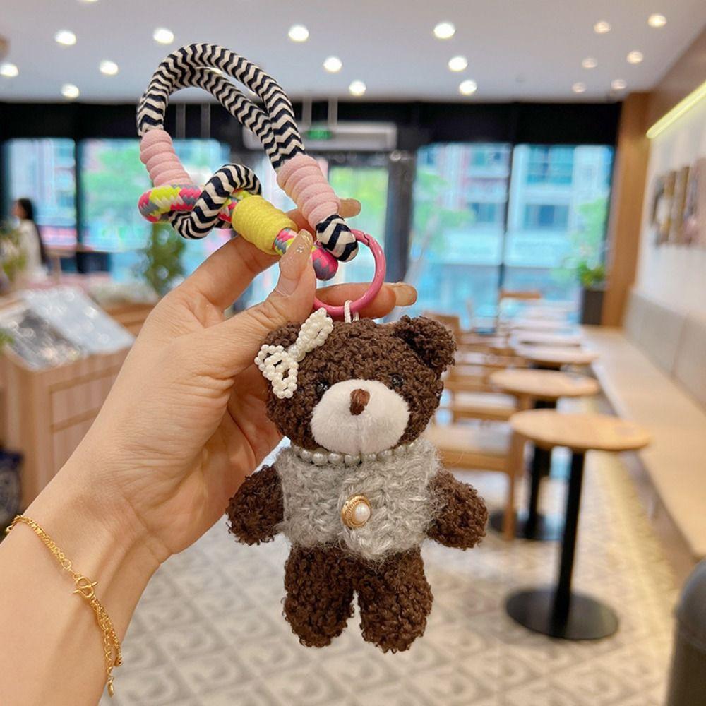 Bow Pearl Plush Bear Keychain Funny Key Ring Lovely Furry Bear Pendant  Bag Key Decor