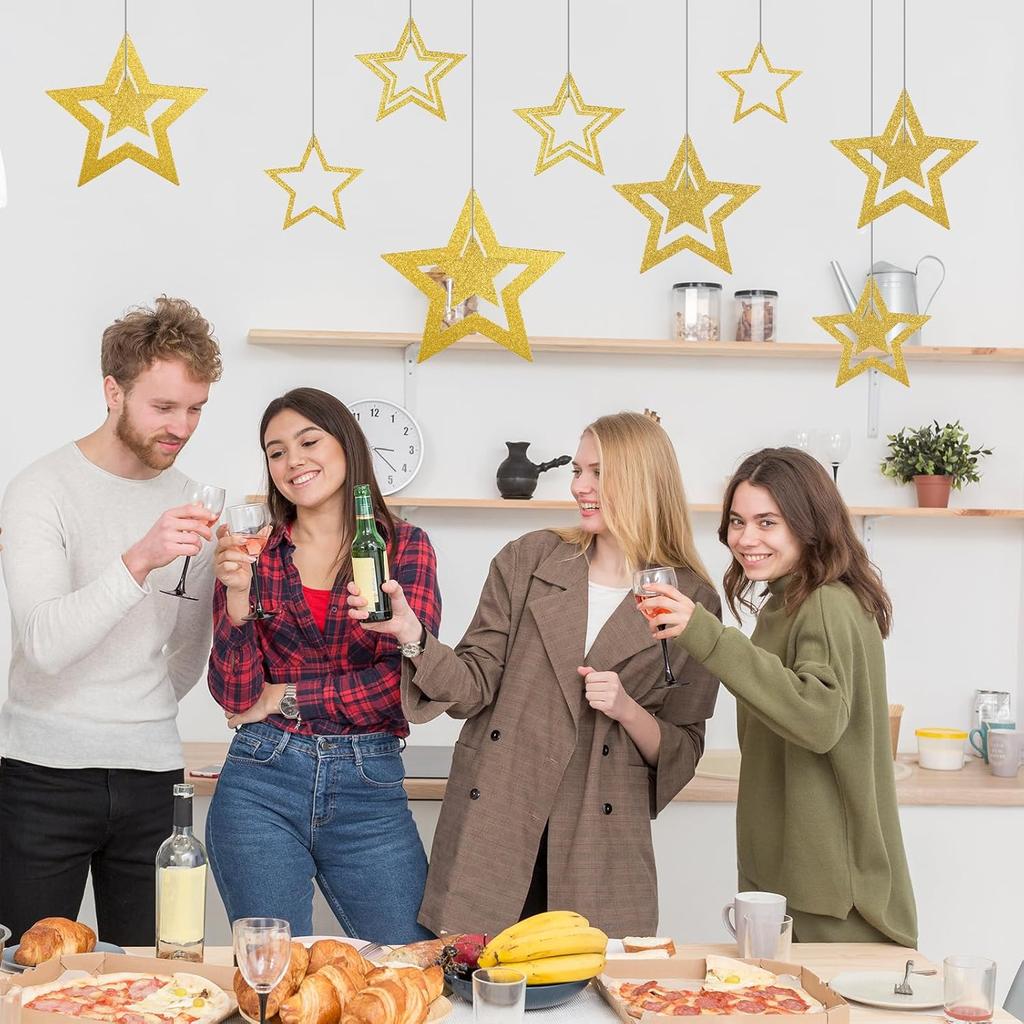 28PCS Gold Hanging Stars Decorations Glitter Cutouts with 7 Sizes Star Wall Decorations Double Sided Hanging Yard Decor for Party Wall Decor