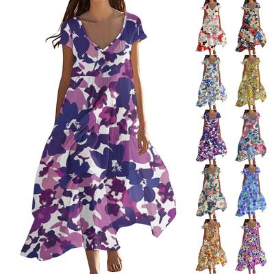 Women's Summer Fashion V-Neck Beach Long Short Sleeve Floral Printed Dresses