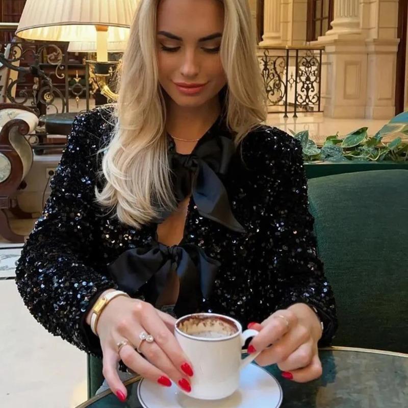 Elegant Bow Handmade Sequins Short Shirt Women Lace-Up Shinny Sweet Top New Fashion Long Sleeve O-neck Blouses Beautiful Thin Coat Casual Outwear