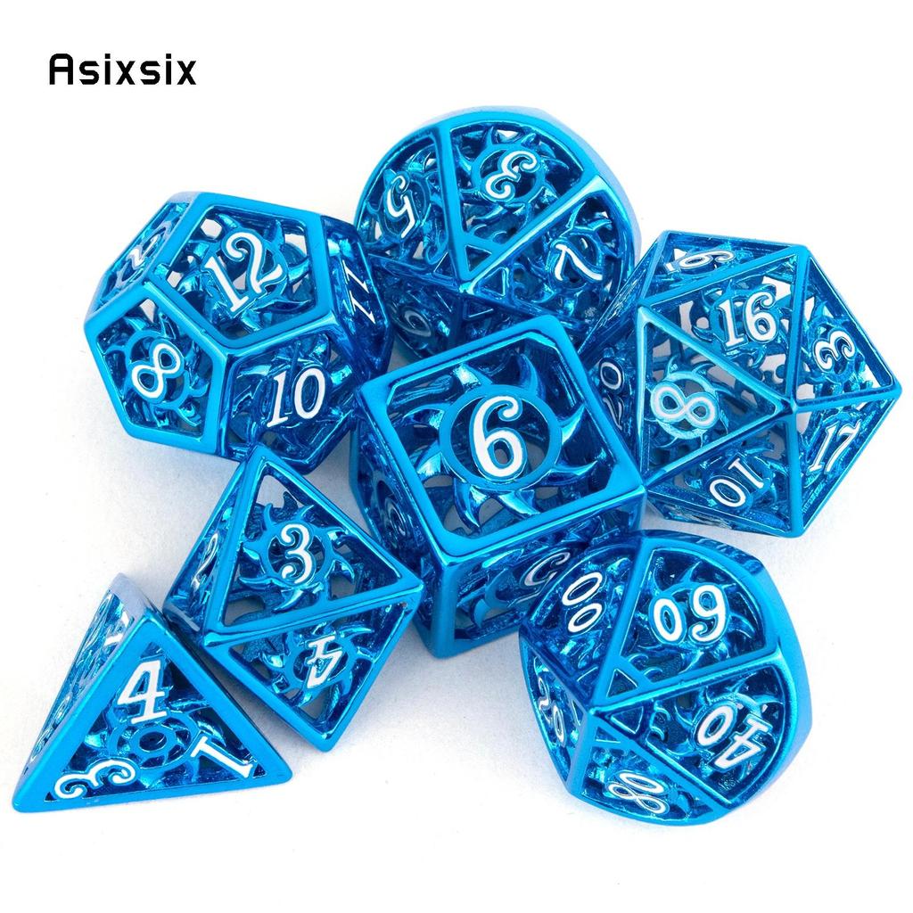 7 Pcs Blue White Rotary Cyclone Metal Dice Hollow Metal Polyhedral Dice Set Suitable for Role-Playing RPG Board Game Card Game