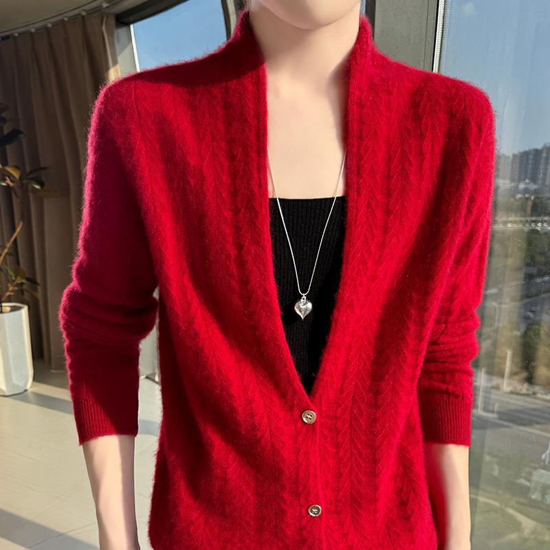 Women's High-End Pure Wool Scarf Collar Cardigan - Solid Color Autumn Winter Fashion Sweater