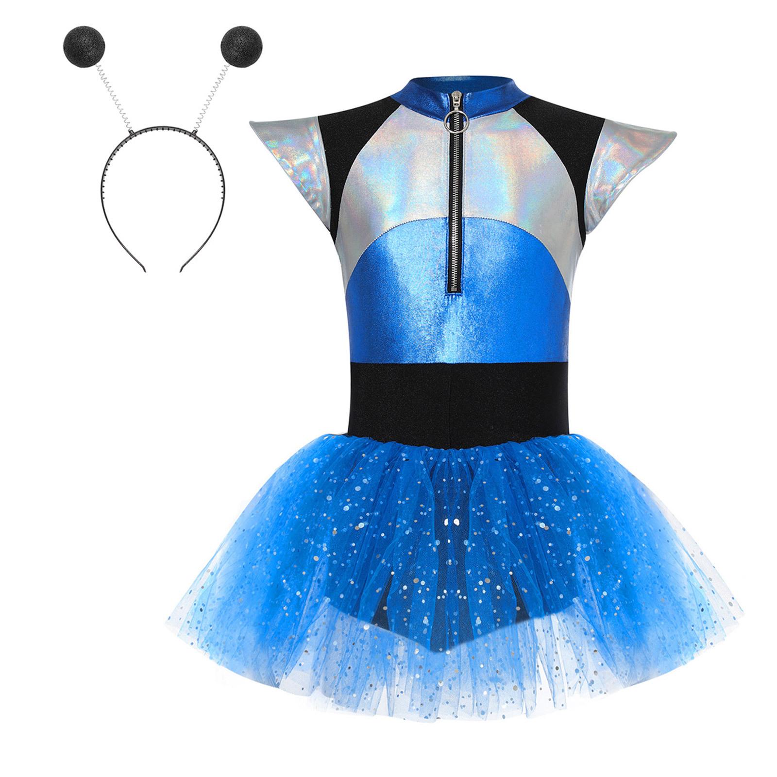

Girls Alien Role Play Costume Color Contrast Tutu Dress Shiny Spangles Design Includes Hair Hoop Party Outfit 7-8 Years синій