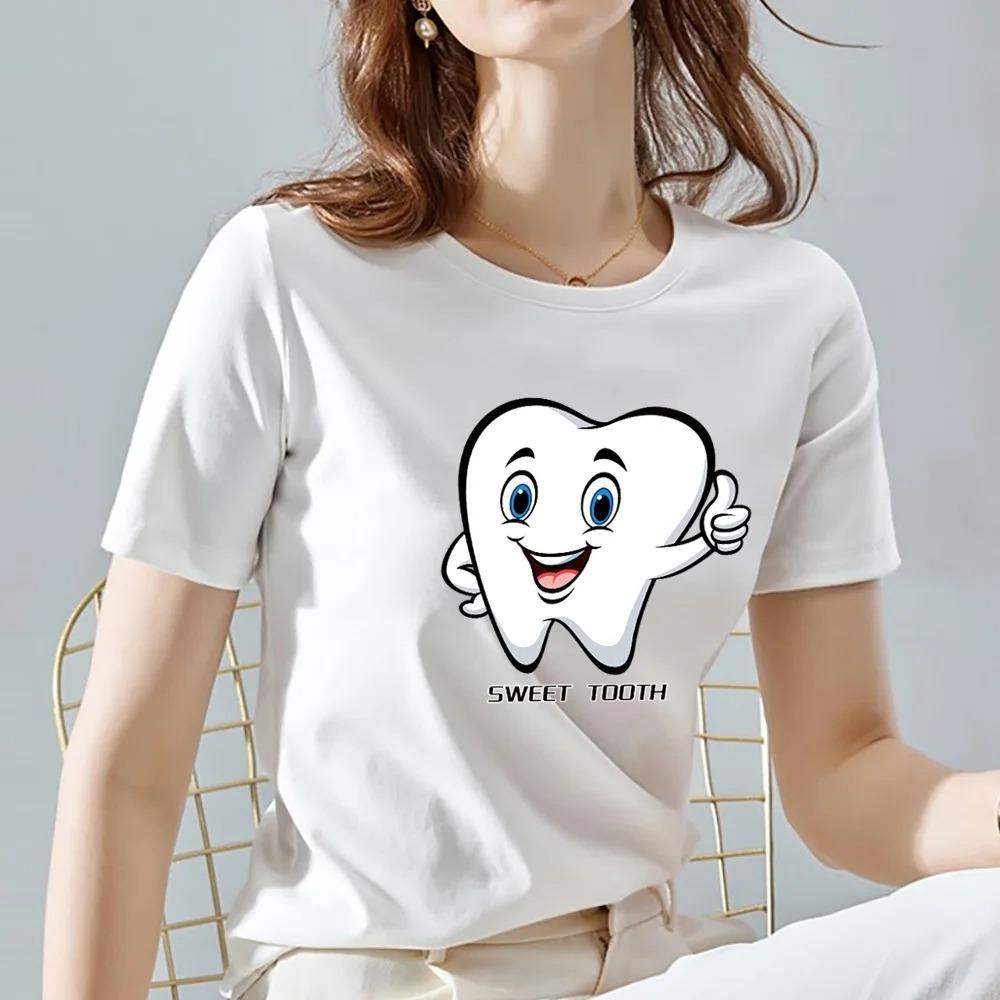 

Футболка с милым рисунком зубов в стиле Харадзюку, базовая модель с коротким рукавом и воротником, модная повседневная спортивная одежда, летние женские футболки с графическим принтом XL