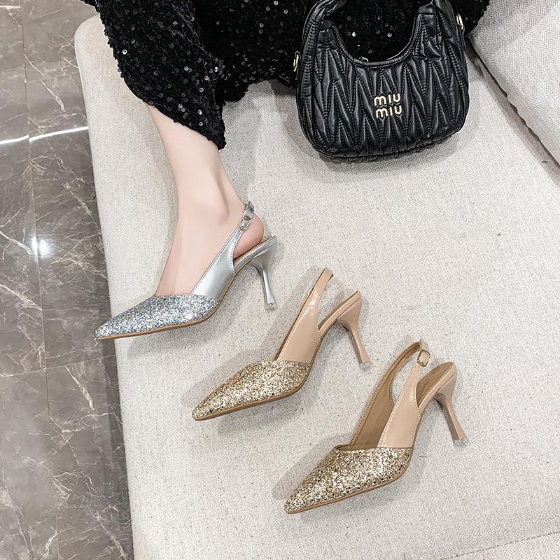 French high-heeled bag head sandals women's summer 2025 new glitter sequined side space thin heel pointed fairy style shoes