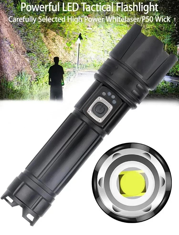 High Bright LED Tactical Flashlight Zoomable Torch 5 Lighting Modes Laser Wick Outdoor Waterproof Camping Adventure Hand Lamps