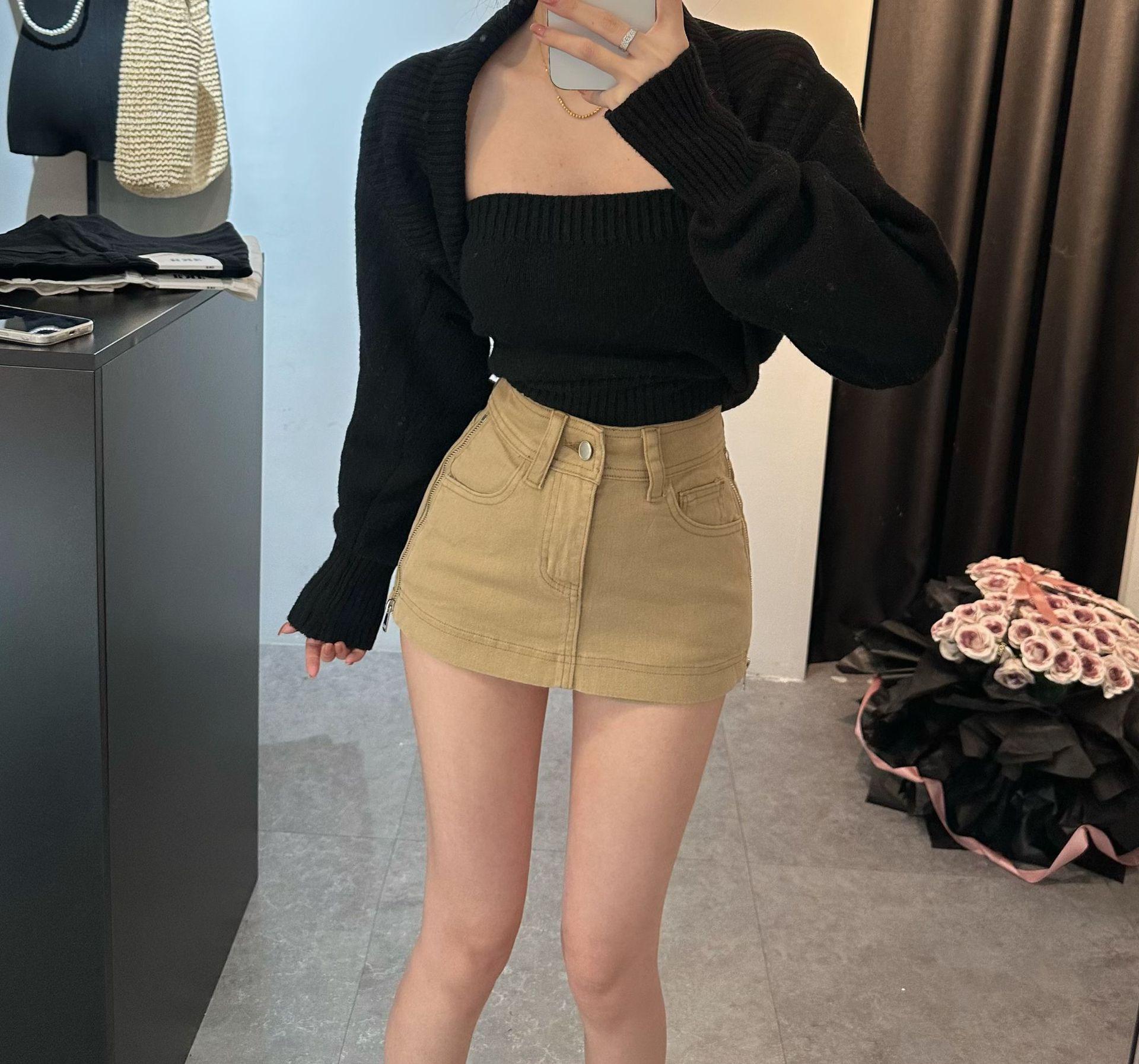 

Women s Summer High Waist A-line Denim Skort with Side Zipper - Slimming and Hip-Hugging Design Extra Large хакі