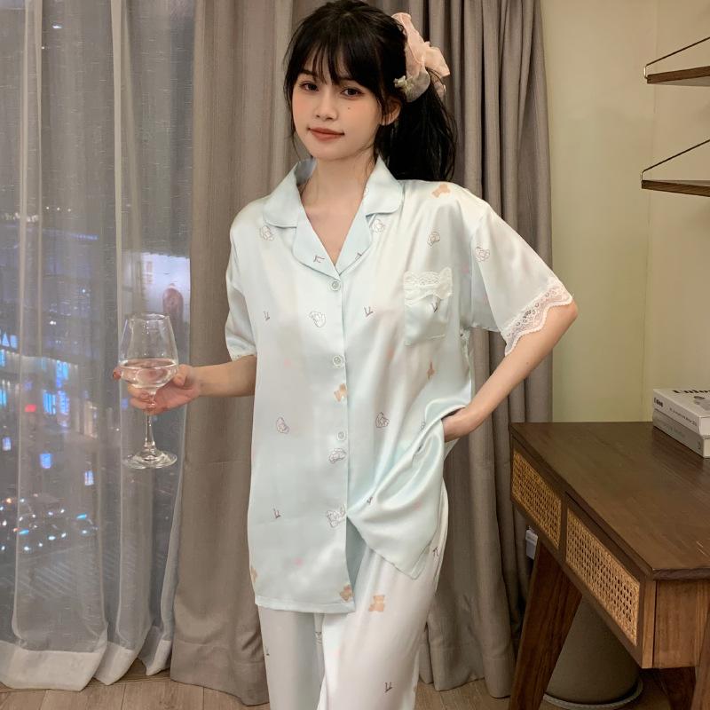 Summer Ice Silk Short-Sleeved Trousers Pajamas Women'S Japanese Cartoon Printed Sweet Loungewear Set
