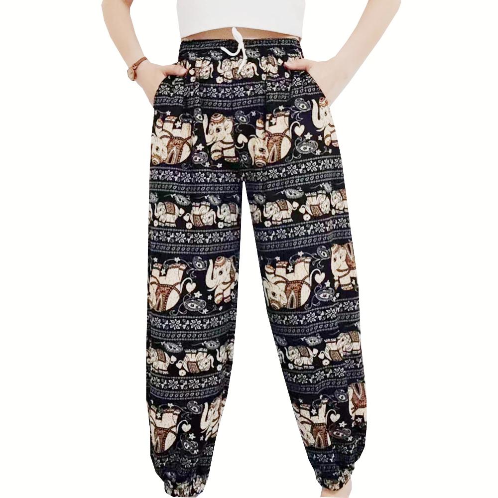 Elephant Jump Pants Pocket Adjustable Elastic High Waistband Strap Unisex Man Women Print Thailand Casual Streetwear Beach Bohemian Retro Vintage