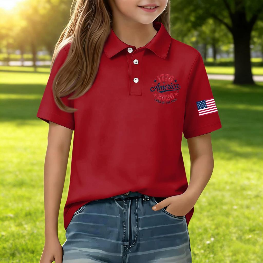 Kids Short Sleeve Polo Shirt Casual Everyday Wear Independence Day Print Tee Shirt with Button Collar and Embroidered Sleeve Patch for Boys