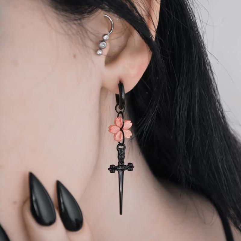 Punk Black Sakura Blade Earrings Gothic Cherry Blossom Sword Pendant Small Hoop Earrings Japanese Jewelry