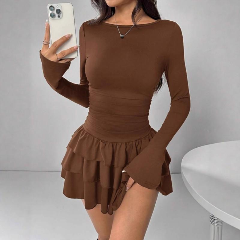 Dámské podzimní zimní jednobarevné mini šaty slim fit elegantní rozšířený rukáv vysoký pas párty šaty