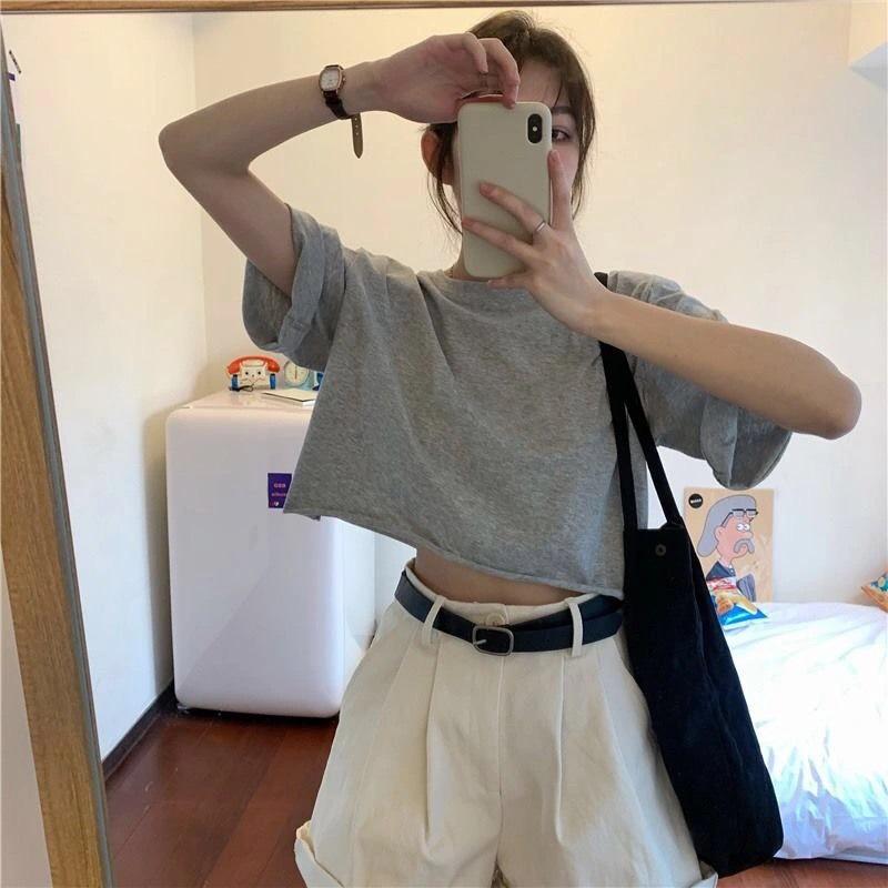 Damen Sommer Koreanischer Stil Baumwolle Crop Top – Kurzärmlig, Lockere Passform, Vielseitig und Trendig