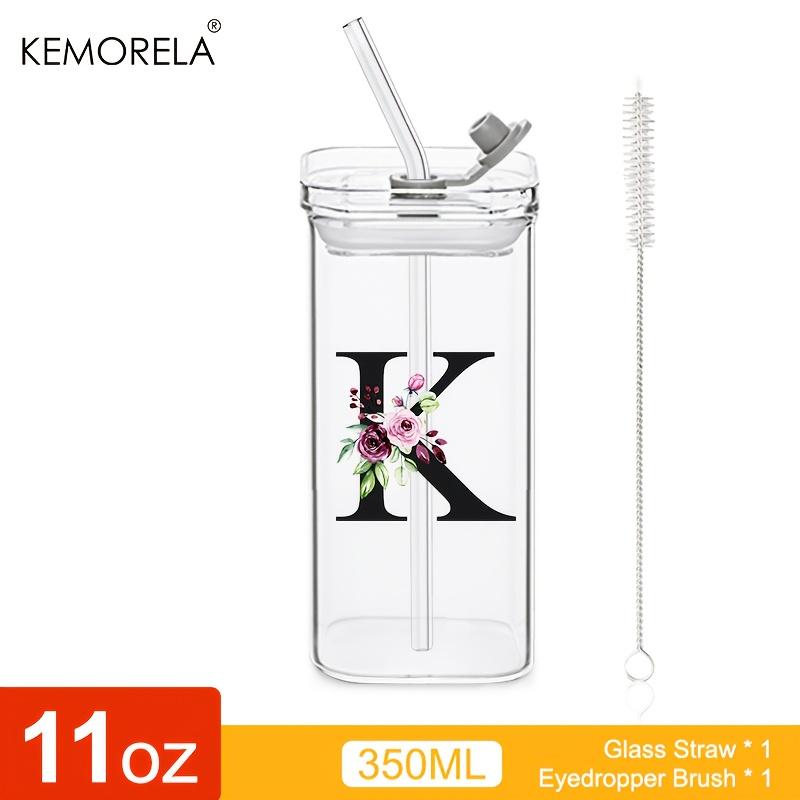1 STÜCK 24 Buchstabenförmige Glastrinkbecher mit Deckel und Strohhalm Kaffeebecher 300ML Klarer quadratischer Trinkbecher für Kaffee Bier Milch