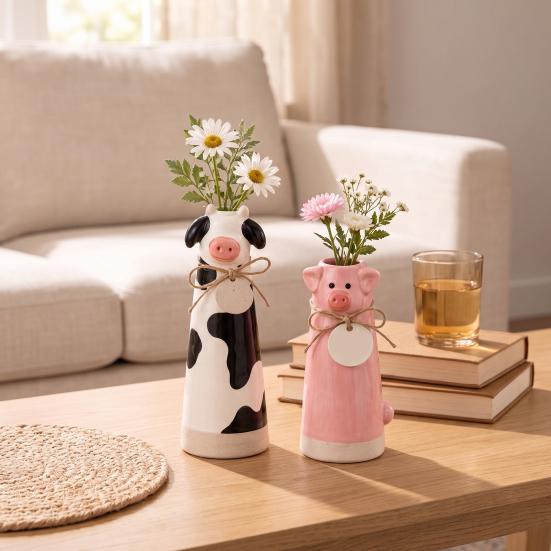 Healing Pastoral Style Gift Resin Cute Animal Vase, Farmhouse Decorative Flower Holder for Home Hand Carved Ornaments Office Decor, Pig/Cow/Sheep