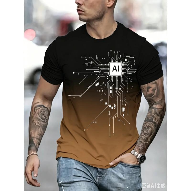 2026 New Men's AI Circuit Board Print T-shirt Gradient Crew Neck Short Sleeve Casual Tee for Streetwear Summer Breathable Tops
