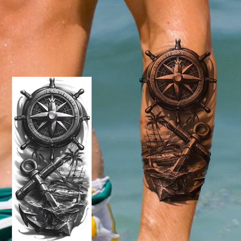 1 Foglio Impermeabile Nave Pirata Vela Tatuaggi Temporanei Per Uomo Donna Bussola Realistica Orologio Tatuaggio Finto Adesivo Lunga Durata