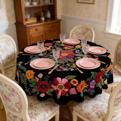 Mexikanische Blumige Tischdecke Runde Tischabdeckung mit Zackensaum Buntes Blumen-Volkskunst-Muster Tischdecke für Zuhause Bauernhaus Esstisch